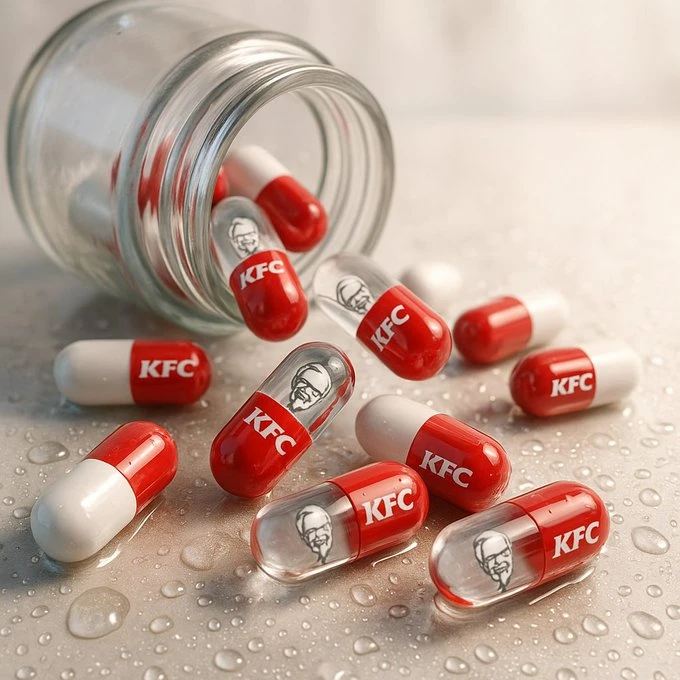Capsules pouring out of a transparent medicine bottle